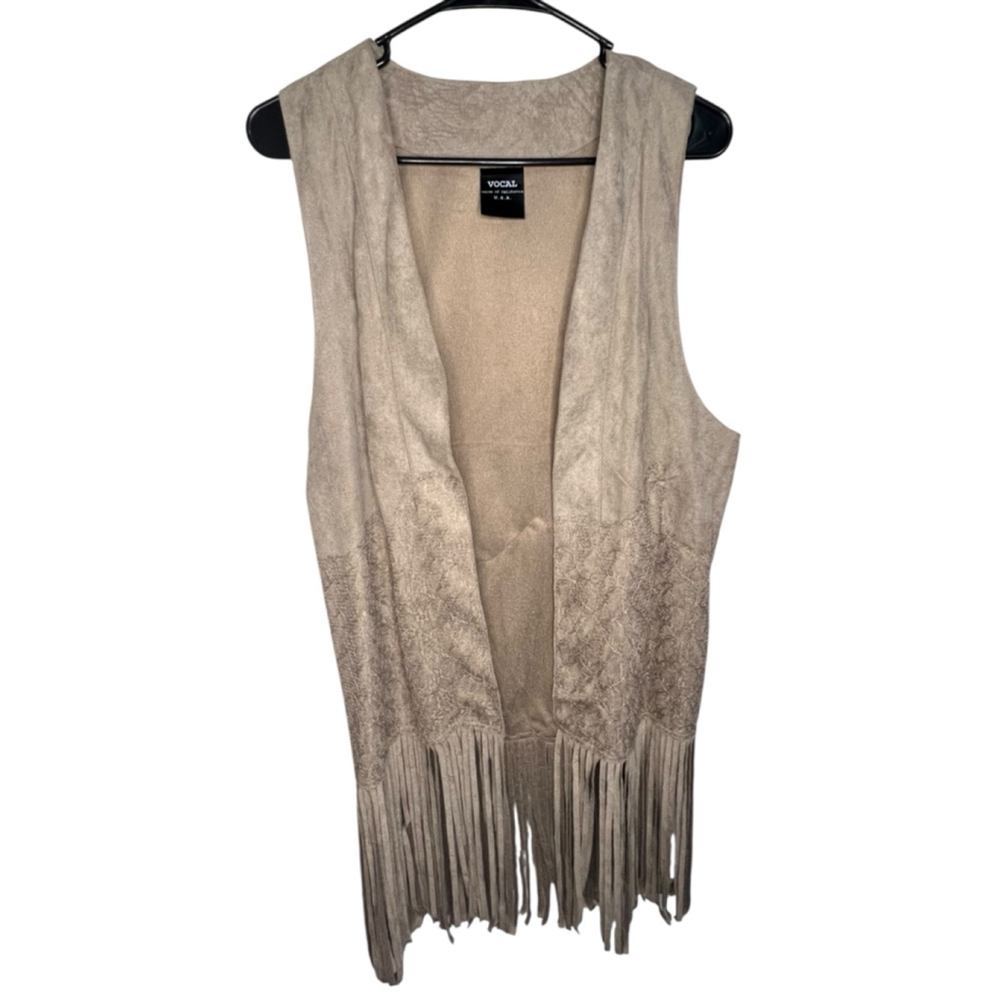 Vocal Tan Western Style Open Front Suede Vest With Floral Lace Detail And Fringe